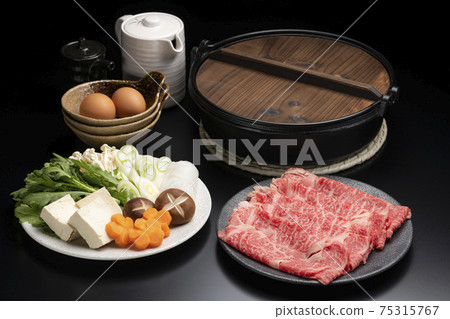Standard sukiyaki ingredients lined up on the table Standard sukiyaki ingredients lined up on the table 75315767
