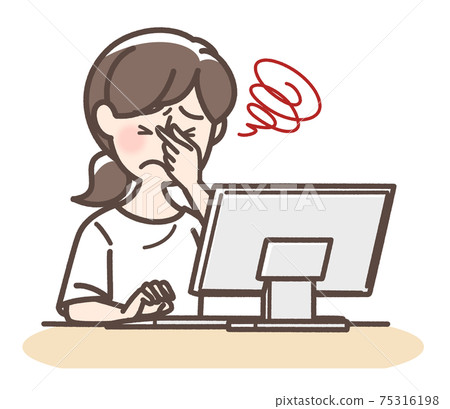 有疲乏的眼睛的一名婦女在個人計算機上 75316198
