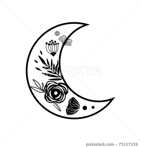Flower moon logo. Beauty black moon tattoo. Celestial crescent isolated Hand drawing sky element Flower moon logo. Beauty black moon tattoo. Celestial crescent isolated Hand drawing sky element 75317239