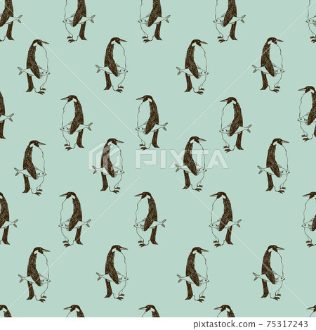 Penguins and fish. Seamless pattern. Textile, wallpaper and wrapping paper design. 75317243