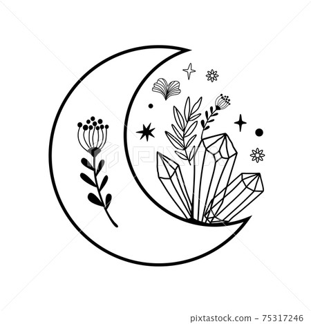 Floral moon sulhouette. Beauty black moon tattoo. Celestial crescent with crystals. Hand drawing female element 75317246