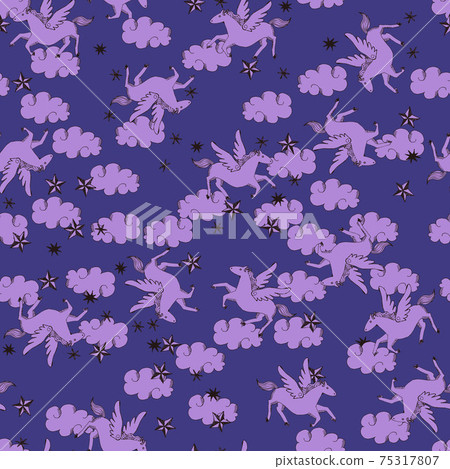 Pegasus and clouds. Seamless pattern. Textile, wallpaper and wrapping paper design. 75317807