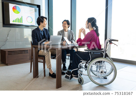 Business scene with a young woman in a wheelchair Business scene with a young woman in a wheelchair 75318167