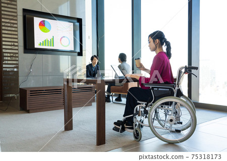 Business scene with a young woman in a wheelchair 75318173