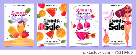 Summer sale banners with woman, fruit and cocktail 75319469