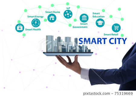 Businessman in smart city modern concept 75319669
