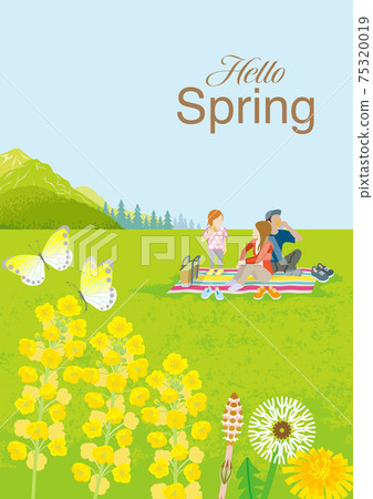 春季風光一家人在野餐“字母Hello Spring”時享受字母A4的垂直比率 75320019