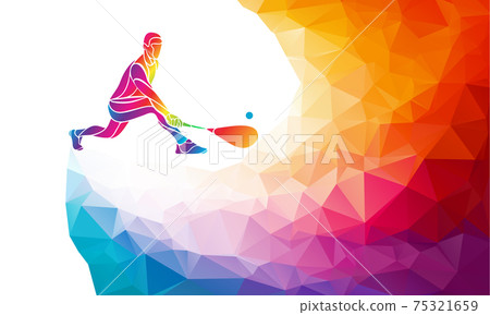 Creative silhouette of female tennis player. Racquet sport vector illustration or banner template in trendy abstract colorful polygon style with rainbow back Creative silhouette of female tennis player. Racquet sport vector illustration or banner template in trendy abstract colorful polygon style with rainbow back 75321659