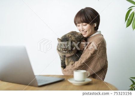 A woman whose work is disturbed by a cat 75323156