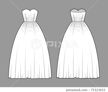 Crinoline dress technical fashion illustration with strapless sweetheart neck, floor length, full skirt, embellishment Crinoline dress technical fashion illustration with strapless sweetheart neck, floor length, full skirt, embellishment 75323655