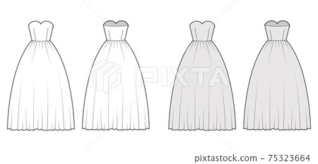 Crinoline dress technical fashion illustration with strapless sweetheart neckline, long floor length, full skirt. Flat Crinoline dress technical fashion illustration with strapless sweetheart neckline, long floor length, full skirt. Flat 75323664