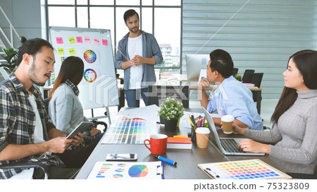 Diversity multiethnic team group of business people meeting in conference room brainstorming with business graph, chart, data info. Teamwork collaborate business team meeting together trust partners 75323809