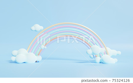3D rendering of colorful pastel clouds and rainbow with empty space for kids or baby product. 3D rendering of colorful pastel clouds and rainbow with empty space for kids or baby product. 75324126