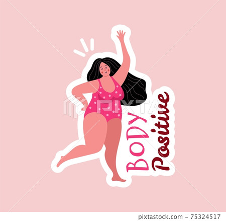 Woman in swimsuit. Plump positive character, beach style overweight girl. Fashion body positive vector sticker 75324517
