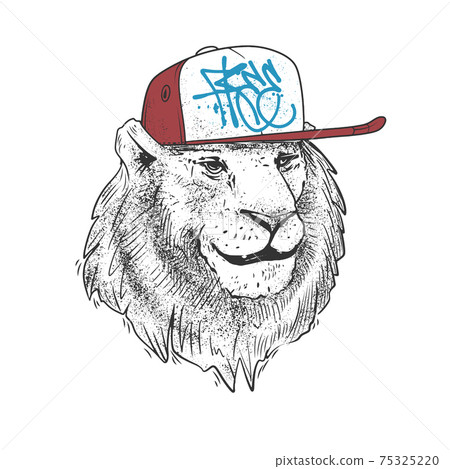 Lion in cap, hand drawn. vector illustration print design Lion in cap, hand drawn. vector illustration print design 75325220
