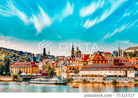 PRAGUE,CZECH REPUBLIC- SEPTEMBER 13, 2015: View of Prague Lesser Town ( Little Town),Vltava river and caffe with people. Prague. 75325517
