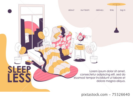 Landing page template for sleep lack people suffering from insomnia. Sleepless woman and alarm clock ringing drawn in pink and yellow Landing page template for sleep lack people suffering from insomnia. Sleepless woman and alarm clock ringing drawn in pink and yellow 75326640