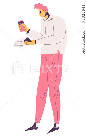 Sleepless man with coffee tumbler and papers in hand trying not to fall asleep. Insomnia and unhealthy lifestyle concept illustration isolated on white 75326641