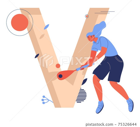 Concept sport letter V for vigoro. Woman with racket playing and smiling 75326644