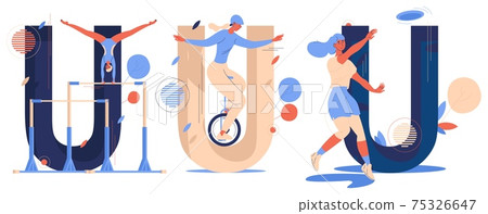Sport letters U collection isolated on white. Uneven bars training, ultimate player with flying disk, unicycle rider. Blue characters drawn with beige and orange Sport letters U collection isolated on white. Uneven bars training, ultimate player with flying disk, unicycle rider. Blue characters drawn with beige and orange 75326647
