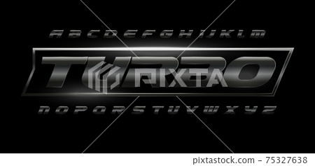 Turbo speed font with dark matte metal texture. Drive dynamic steel letters set, bold italic alphabet. Chrome typeset for automotive industrial, gym, sport. Vector typography 75327638