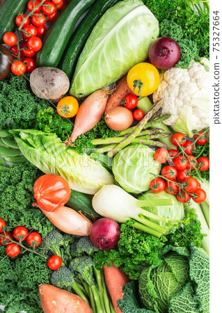 Variety of organic vegetables background, grocery shopping 75327664