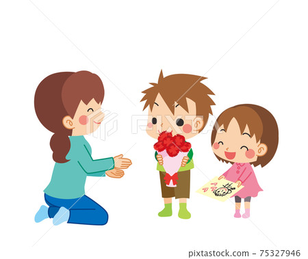 Illustration of cute brothers and sisters presenting a bouquet of carnations and a caricature of mom on Mother's Day White background Children Everyday 75327946