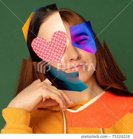 Young woman's portrait made of different pieces of faces, modern art collage. New vision of beauty and fashion, make up, hairstyle. Young woman's portrait made of different pieces of faces, modern art collage. New vision of beauty and fashion, make up, hairstyle. 75328228