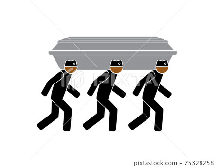 a simple drawing of three people in hats carrying a coffin and dancing  75328258