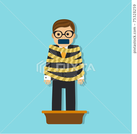 businessman with a sealed mouth tied with a rope and legs stand in a basin of concrete  75328259