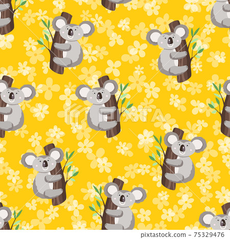 Seamless pattern with cute koala baby and flowers on white background. Funny australian animals. Card, postcards for kids. Flat vector illustration for fabric, textile, wallpaper, poster, paper 75329476