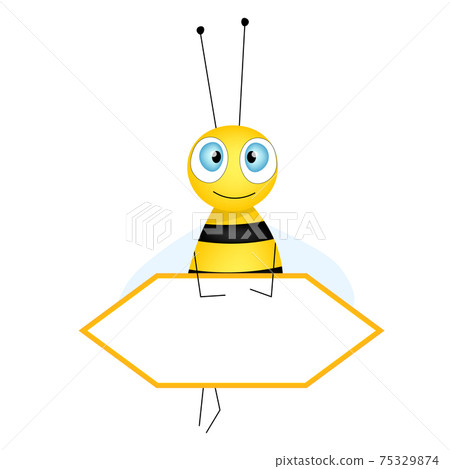 Cartoon cute bee mascot. Merry bee with an empty table. Small wasp. Vector character. Insect icon. Holiday template design for invitation, cards, wallpaper, school, kindergarten. Copy space. 75329874