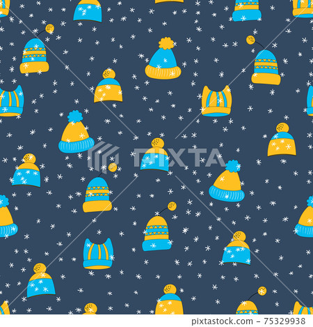 Winter seamless pattern with winter hats on blue background. Cute vector winter warm knitted clothes in cartoon style. Christmas vector illustration. Holiday design for fabric, textile, wallpaper 75329938
