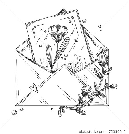Envelope with postcard, flowers and hearts. Holiday package. Vector illustration 75330641