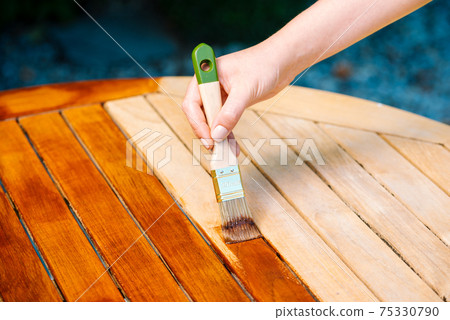 hand holding a brush applying varnish paint on a wooden garden table - painting and caring for wood with oil 75330790