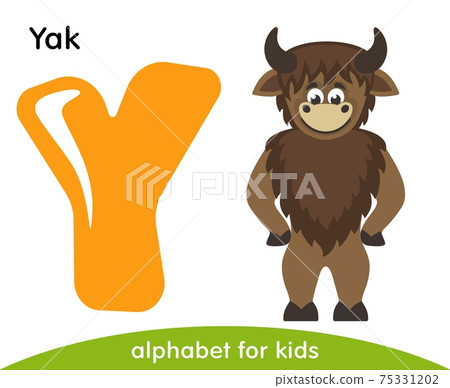 Yellow letter Y and brown Yak. English alphabet with animals. Cartoon characters isolated on white background. Flat design. Zoo theme. Colorful vector illustration for kids. Yellow letter Y and brown Yak. English alphabet with animals. Cartoon characters isolated on white background. Flat design. Zoo theme. Colorful vector illustration for kids. 75331202