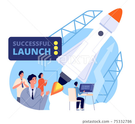 Business launch. Launching startup, fly spaceship new project. Start process, management work strategy or innovation mission utter vector concept 75332786
