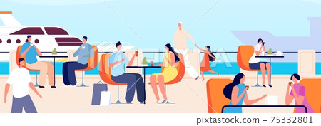 Summer outdoor cafe. Seaside restaurant, people in seaview cafeteria. Ocean vacation, travel time or tourists relaxed. Man woman date, seasonal open air meetings vector illustration Summer outdoor cafe. Seaside restaurant, people in seaview cafeteria. Ocean vacation, travel time or tourists relaxed. Man woman date, seasonal open air meetings vector illustration 75332801