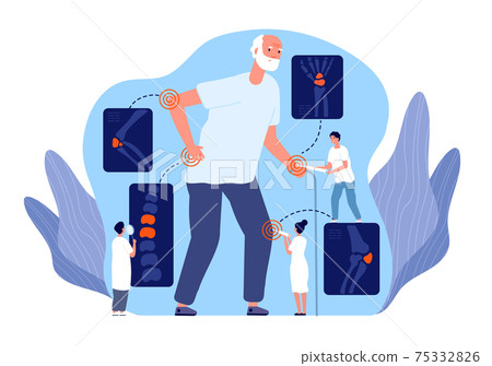 Arthritis. Rheumatoid joint, patellar pain relief with injection. Bones x-ray, knee swell and inflammation. Osteoporosis disease utter vector concept Arthritis. Rheumatoid joint, patellar pain relief with injection. Bones x-ray, knee swell and inflammation. Osteoporosis disease utter vector concept 75332826