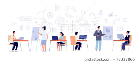 Office workflow. Business corporate work, people with computer. Man woman collaborating, cartoon employers and utter working system vector concept 75332860