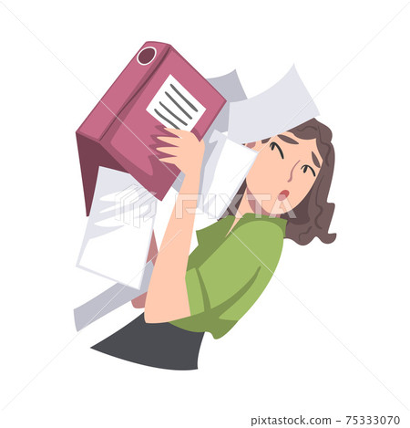 Young Female Holding Folder with Sheet of Papers Falling Down Vector Illustration 75333070