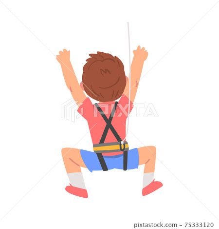 Back View of Cute Boy Climbing Wall, Kid Climber Character Practicing Extreme Sport, Having Fun in Adventure Park Cartoon Style Vector Illustration 75333120