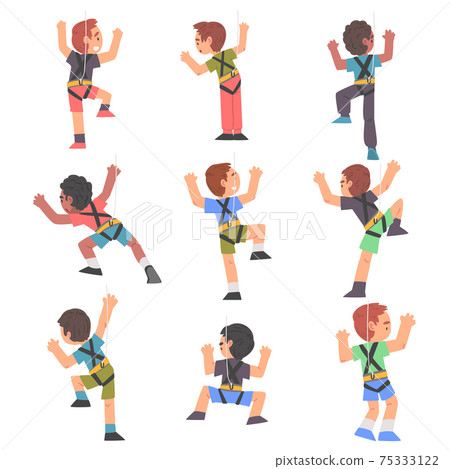 Cute Boys Climbing Wall Set, Kid Climbers Characters Practicing Extreme Sport or Having Fun in Adventure Park Cartoon Style Vector Illustration 75333122