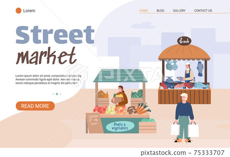 Website page for local farm street market, cartoon vector illustration. Website page for local farm street market, cartoon vector illustration. 75333707