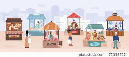 Local street market with farmers and buyers cartoon vector illustration. 75333712