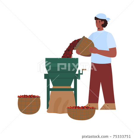 Coffee factory worker puts beans into grinder, flat vector illustration isolated. Coffee factory worker puts beans into grinder, flat vector illustration isolated. 75333751