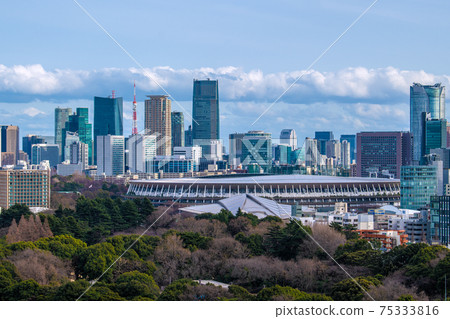 俯瞰新的國家體育場和六本木等商業區的日本東京城市景觀（背面為東京鐵塔） 75333816