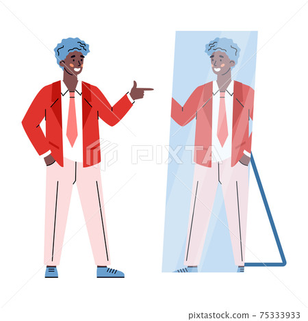 Man looks at reflection in mirror with self acceptance and positive treat. 75333933