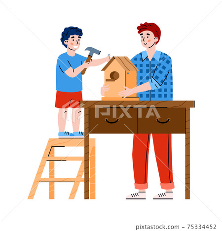 Father and son making birdhouse in carpentry workshop a vector illustration. Father and son making birdhouse in carpentry workshop a vector illustration. 75334452