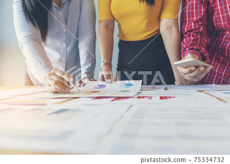 Business strategy team report chart, graph, infographic data analyze financial report plan. Hands team partner planning marketing finance statistics sale report with excel spreadsheet accountting 75334732